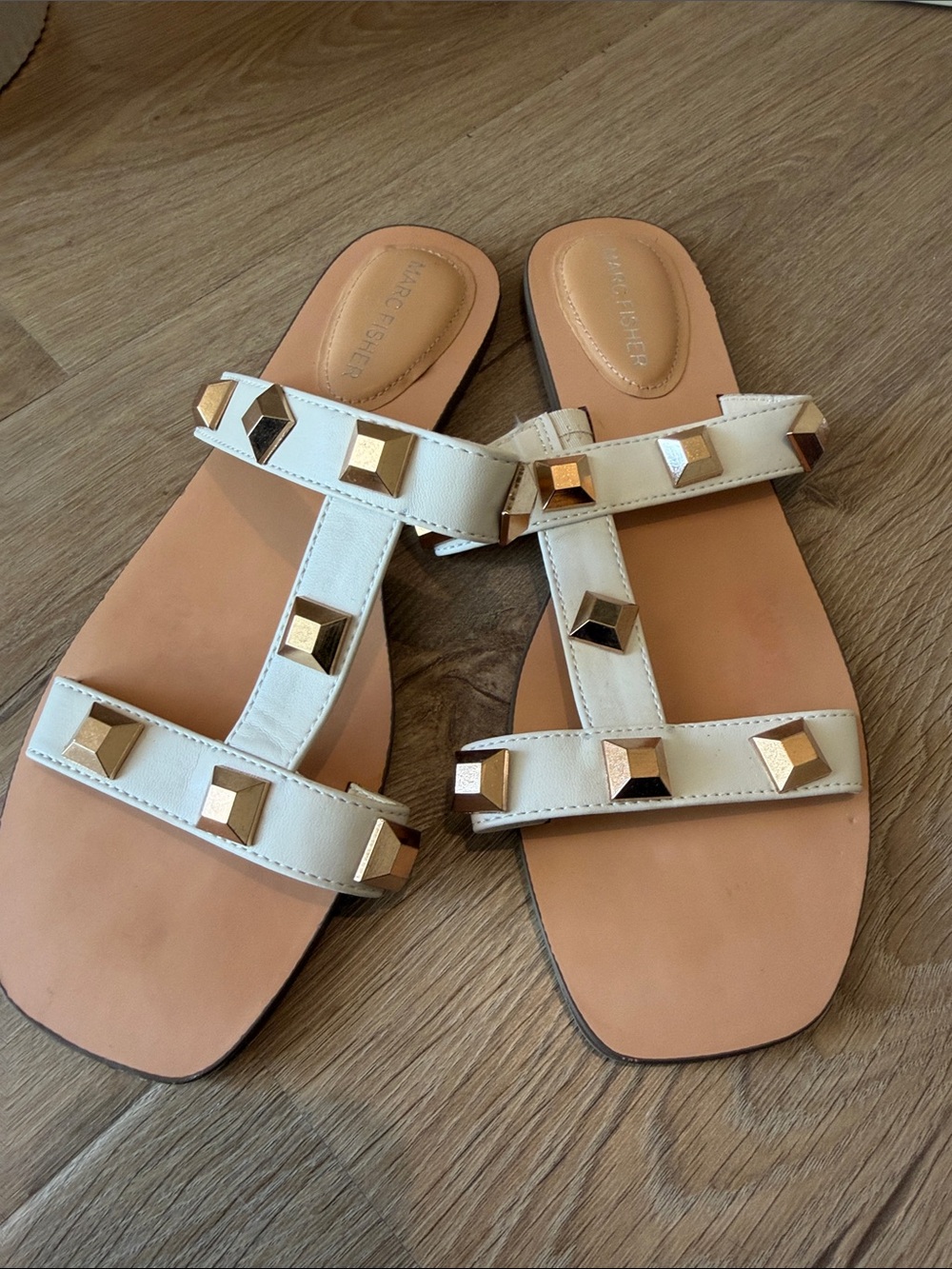 Marc Fisher White Leather Studded Slide Sandals